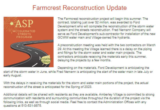 Farmcrest Reconstruction Update